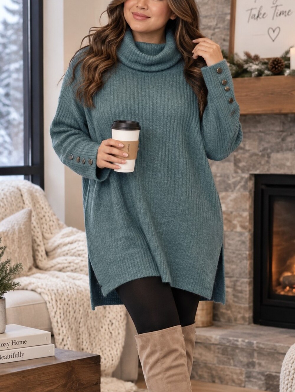 Penningtons Cozy Teal Turtleneck Sweater Tunic size 2X